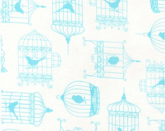 Bird Cage Fabric - Tweet White Bird Cages by Timeless Treasures C9243 - Blue - Priced by the 1/2 yard