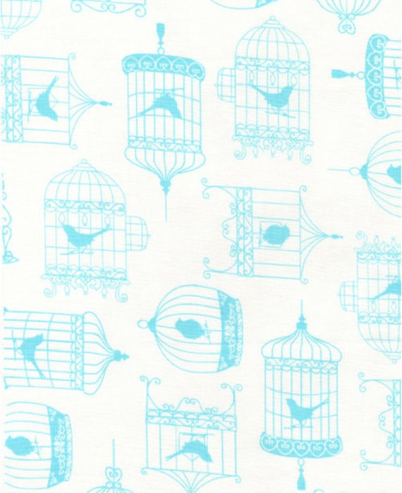 Bird Cage Fabric - Tweet White Bird Cages by Timeless Treasures C9243 - Blue - Priced by the 1/2 yard