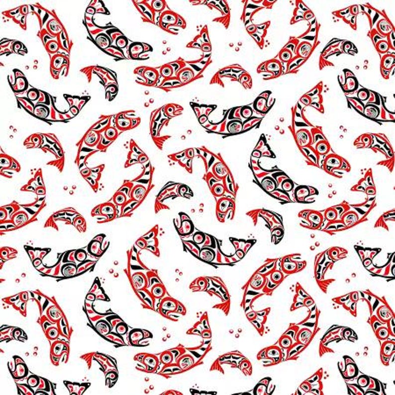 May include: A repeating pattern of stylized salmon in red, black, and white. The design features various sizes of fish, each with intricate details and a curved, flowing shape. The background is plain white.