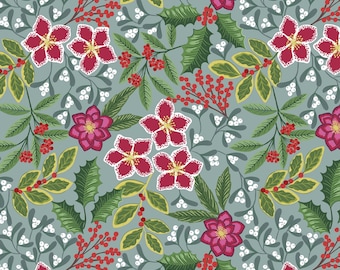 Lewis & Irene Fabric - Winter Floral Noel Collection - C68 2 Ice Blue - Priced by the half yard