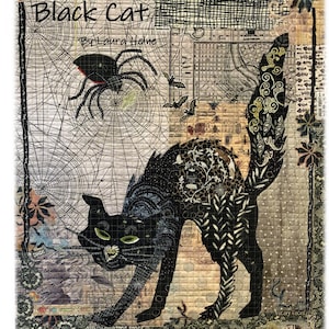 May include: Black cat quilt with a spider web and a spider in the background. The cat is black with a floral design and the text "Black Cat by Laura Heine" is in the top left corner.
