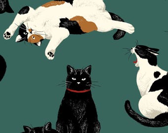 Cat Scatter - Cotton Oxford Fabric - 35406 2C Teal - Cosmo Textiles - Priced by the half yard