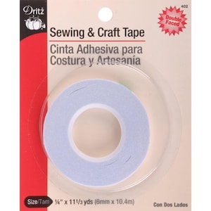 May include: Dritz double-faced sewing and craft tape. The package features a roll of light blue tape with a white center. The packaging includes the text "Sewing & Craft Tape" and "Cinta Adhesiva para Costura y Artesanía". The tape measures 1/4" x 11 1/3 yds.