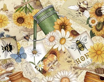 Sweet as Honey - 29442 E Bee & Garden Collage - Dan Morris for  QT Fabrics -  Priced by the half yard