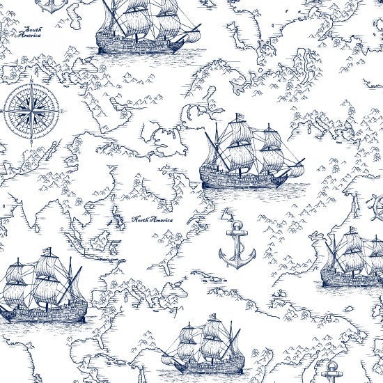 Sailing Ship, Seafarers Map, Ship Toile - studio e - Indigo Coastal by ...