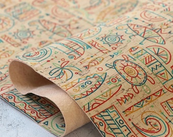 Aloha Print Natural Cork Fabric - 26-Inch Wide CFALOH Stitchable Cork - Vegan Leather Alternative