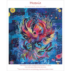 May include: A colorful mosaic quilt depicting a phoenix rising from flames. The phoenix is made of various fabrics in shades of red, orange, yellow, blue, and purple. The background is a blue mosaic pattern. The quilt is 36 inches by 36 inches.