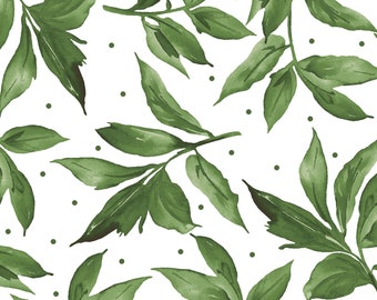 Prose Leaves - MAS 9654 UW Green Leaf & Stem Spray - Maywood Studio - on Ultra White - Priced by the 1/2 yard