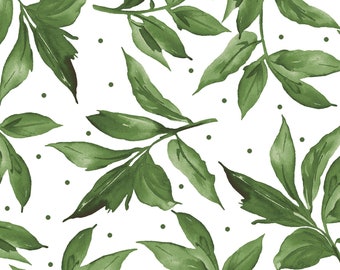 Prose Leaves - Leaf & Stem Spray-  Maywood Studio - MAS 9654 UW Green on Ultra White - Priced by the 1/2 yard