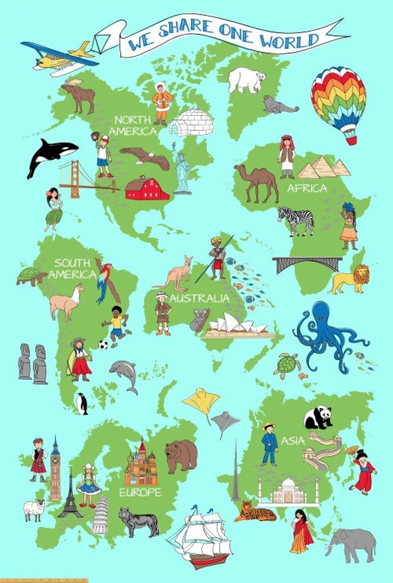 One World Fabric Continents of the World World Kids We Etsy