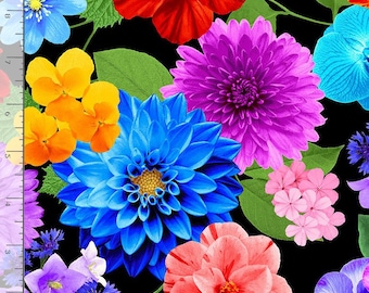 Vibrant Floral - CD 1189 Black -Timeless Treasures Chong-A Hwang - Priced by the half yard