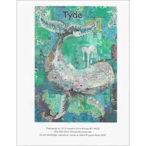 May include: A colorful abstract art piece with a whale tail and the text "Tyde" by Laura Heine. The art piece is made of various materials and textures, including fabric, paper, and paint. The colors are predominantly green, blue, and white.