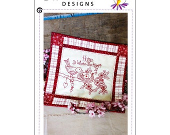 Redwork Pattern - Home is Were the Heart Is  BBD 1366 - Bird Brain Designs - Paper Pattern - Table Topper Accent -  DIY Project