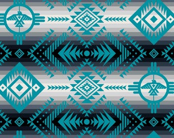 Tucson Thunderbird Stripe 647 Teal - Southwest Fabric by Elizabeth Studio  - Priced by the 1/2 yard cotton fabric