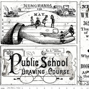 Puede incluir: Tela en blanco y negro de estilo vintage con texto e ilustraciones. Presenta las palabras "Memoranda for May" y "Public School Drawing Course". Incluye imágenes de niños, una mano y gafas. La tela está marcada con medidas en pulgadas.