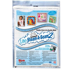 May include: A pack of Lite Steam-A-Seam2 fusible web, a product for quilters, crafters, and home sewing enthusiasts. The pack is blue and white with the product name and logo in a large, bold font. The pack also features images of the product being used for quilting and other crafts. The pack is 9 inches by 12 inches (22.86cm x 30.48cm) and contains 5 sheets.