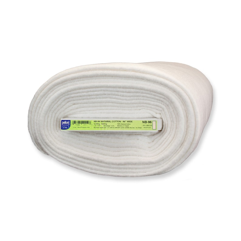 May include: A roll of natural cotton fabric, 96 inches wide, with a white color. The fabric is labeled with the text "NB-96 NATURAL COTTON 96" WIDE". The roll is tightly wound and ready for use in various sewing and crafting projects.