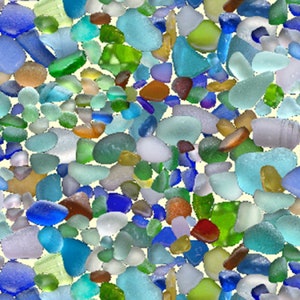 Puede incluir: Primer plano de una colección de vidrio de mar de colores, con tonos de azul, verde, marrón y rojo. El vidrio de mar está dispuesto en un patrón aleatorio, creando un fondo visualmente atractivo y texturizado.