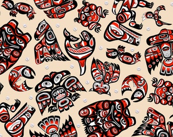 Native Spirit Animal 585 Red Cream Tossed Totem Animals - Southwest Fabric by Elizabeth Studio - Priced by the half yard