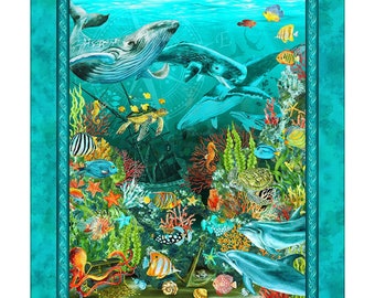 Calypso II - In The Beginning - Reef Sea Creature Panel Fabric - 20CAL 2 Teal - Priced by the 36-Inch Panel