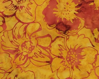 Flower Batik Fabric - Artisan Indonesian from Majestic Batiks - CB 425 Yellow & Red,  Priced by the 1/2 yard