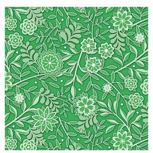 May include: A vibrant green floral pattern featuring stylized flowers and leaves. The design has a layered effect, with lighter green and white accents creating depth. The repeating pattern is suitable for fabric or wallpaper.
