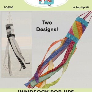 May include: A pop-up kit for making a windsock. The kit includes instructions, a spring, a swivel hook, and a label. The image shows two windsocks, one with black and white stripes and the other with colorful stripes.