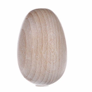 May include: A solid, unfinished wooden egg with a smooth, rounded shape. The natural wood grain is visible, showcasing vertical lines and a light brown color. The egg is standing upright against a white background.