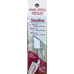 May include: A package of Sewline hand stitch needles in sizes 6, 9, and 6. The package includes a large needle threader. The needles are packaged in a clear plastic bag with a pink and white label. The label includes the brand name Sewline and the sizes of the needles.