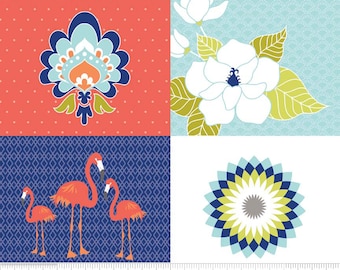 Flamingo / Floral Fabric - Lula Magnolia by Quilted Fish for Riley Blake Designs P3772 Blue - 36-Inch Panel - Pillow Panel