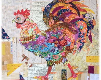 Rooster Collage - Laura Heine Doodle Doo - Applique Quilt - 35"x42" - DIY Pattern Or Kit Option - full size reusable template