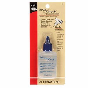 May include: A clear plastic bottle of Dritz FrayCheck Liquid Seam Sealant with a blue cap and a fine tip. The bottle is labeled with the product name, instructions, and a warning label. The bottle is 0.75 fluid ounces (22.18 ml).