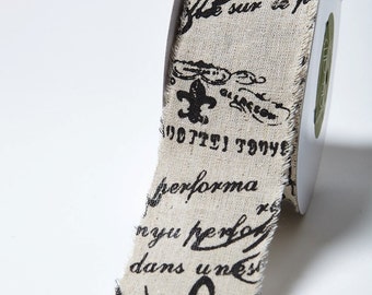 French Text Ribbon - 2.5 Inch Cotton Ribbon Linen Blend w/ Vintage Inspired Print - 468 25 10 - Priced by the Yard