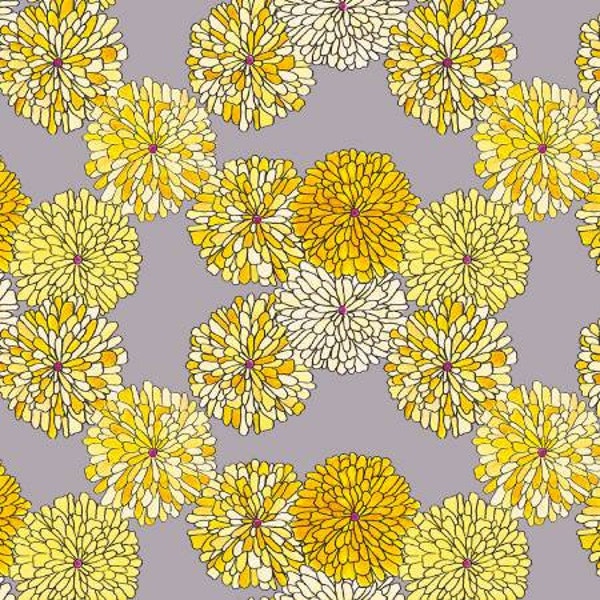 Windham Mums -  Happy Chance by Laura Heine - Bright Floral - 52694 3 Gray & Yellow - Priced by the half yard