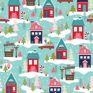 May include: A seamless pattern featuring a winter wonderland scene with colorful houses, snow-covered hills, evergreen trees, and a hot cocoa stand. The houses have red, blue, and green roofs and white trim. The trees are green and white. The hot cocoa stand is brown and has a red sign that says "Hot Cocoa 25¢".