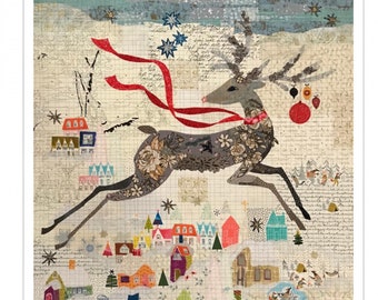 Reindeer Collage - Laura Heine Pattern - Applique Quilt - Peppermint Deer Collage 35"x35" - DIY Pattern Or Kit Option - full size template