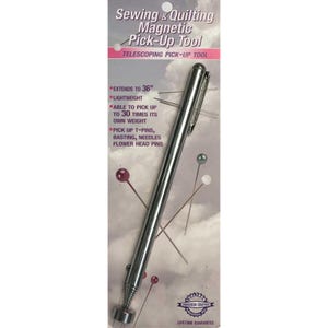 May include: A silver telescoping magnetic pick-up tool for sewing and quilting. It extends to 36 inches and is lightweight. The tool can pick up T-pins, basting needles, and flower head pins. The packaging includes the text "Sewing & Quilting Magnetic Pick-Up Tool".