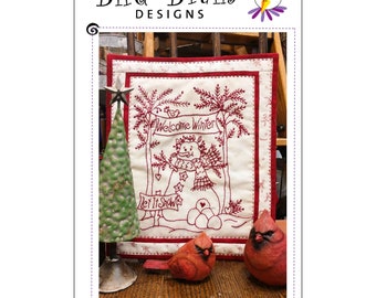 Redwork Pattern - Welcome Winter Snowman  BBD 1334 - Bird Brain Designs - Paper Pattern - Table Topper / Banner - DIY Project