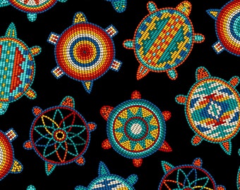Tucson Turtle 526 Black - Beaded Print Design - Southwest Fabric by Elizabeth Studio  - Priced by the half yard