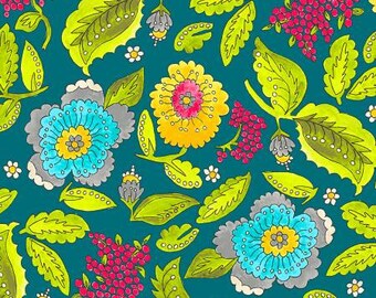 Windham Happy Garden -  Happy Chance by Laura Heine - Bright Floral - 52691 4 Teal - Priced by the half yard