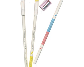 Fine Line Fabric Marking Pencil Set - Clover 418- White, Yellow, Pink/Blue -  Sharpener