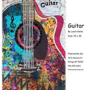 Peut inclure: Un patchwork coloré représentant une guitare acoustique avec un symbole de paix sur le corps. La courtepointe mesure 23 pouces par 36 pouces. Le texte "Guitar by Laura Heine" est dans le coin supérieur droit. Le texte "Fiberworks Inc" est dans le coin inférieur droit.