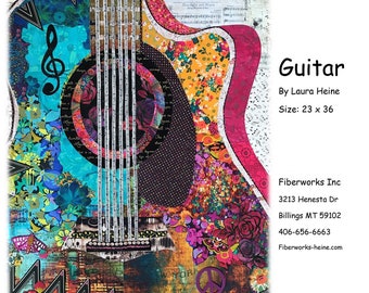 Guitar Collage - Laura Heine - Applique Quilt -  23"x36"  - DIY Pattern Or Kit Option - full size reusable template