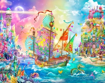 Crystal Dreamship Seascape Fabric  DDC 12615 Multi Michael Miller - Priced by the 1-Yard Panel
