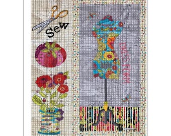 Sew Happy Dress Form -  Laura Heine - Applique Quilt - 30"x38"  DIY Pattern Or Kit Option - full size reusable template pattern