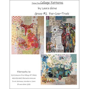 May include: A collage pattern design featuring a fox, a cow, and a truck. The fox is red and white with a black nose and eyes. The cow is brown and white with a black nose and eyes. The truck is blue and white with a red and white license plate. The background is a grid pattern.