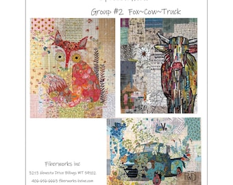 Laura Heine Teeny Tiny Collage - #2 Fox Cow Truck - 3 Pattern Designs per Pack  - DIY Pattern - Optional Fabric Kit -  Finishes 16"x20"