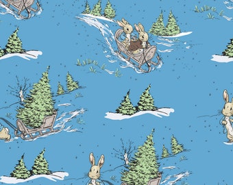 Peter Rabbit Sledging - The Craft Cotton Co Visage - The Most Wonderful Time of The Year 2906-04 Blue - Priced by the half yard