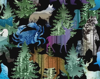 262 OR 1 Tossed Pacific Northwest Animal with Tree Fabric - In the Beginning - Priced by the 1/2 yard - APNSH