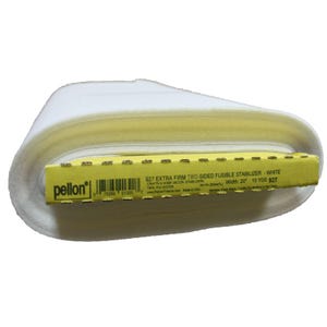May include: A roll of white, two-sided fusible stabilizer for crafts and home decor. The yellow label reads "927 EXTRA FIRM" and the width is 20 inches. The roll is made of 100% polyester.